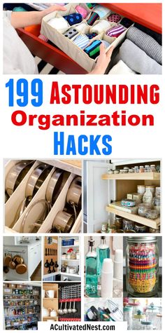 an organized closet with lots of items and text overlaying the title saying 19 outstanding organization hacks