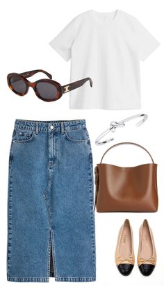 a woman in white shirt and blue denim skirt with sunglasses, purse and handbag