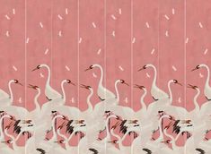 a group of white birds standing next to each other on a pink wallpapered background