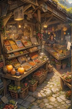 an artist's rendering of a farmer's market with produce and vegetables on display