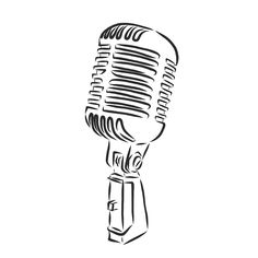 a black and white drawing of an old fashioned microphone with the word's name on it