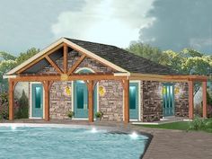 a rendering of a house with a pool in the foreground and a gazebo on the other side