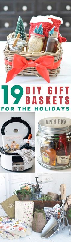 gift baskets for the holidays with text overlay that reads 19 diy gift baskets for the holidays