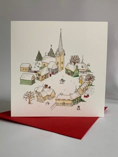 a christmas card with an illustration of a village