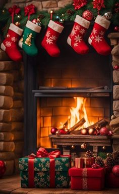 christmas stockings and presents in front of a fireplace