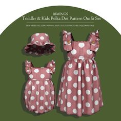 two pink and white polka dot dresses with matching hats