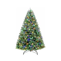 a christmas tree with multicolored lights on it's base and black stand