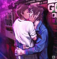 two people kissing each other in front of a wall with neon signs and advertisements on it