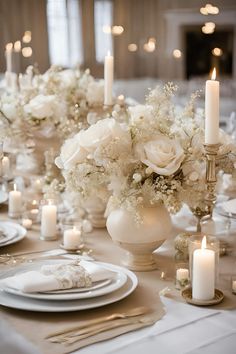 the table is set with white flowers and candles in vases, plates and silverware