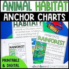 an animal habitat anchor chart with the text, which is also in english and spanish