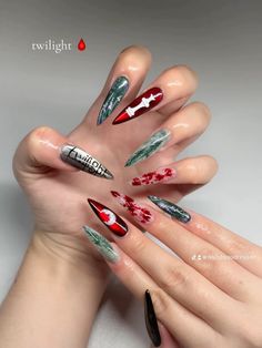 #twilight #nails #nailtech #naildesign #nailsofinstagram #gelx #gel #nailart #pressons #nailinspo #halloween #movienails #newmoon #apres #nailsoftheday #gothic #art #nailart #artist #smallbusinessowner Twilight Nails Ideas, Twilight Nail Designs, Krampus Nail Art, Emo Christmas Nails, Spooky Christmas Nails, Goth Winter Nails, Twilight Nails, Scary Christmas, 26th Birthday