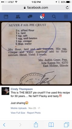 a facebook page with an image of a pie crust on it and the caption that reads,'never fail pie crust '