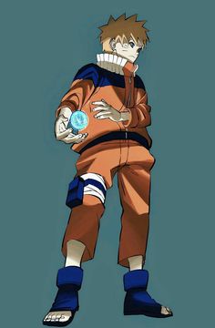 an anime character in brown and blue clothes with his hands on his hips, holding a ball