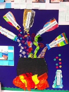 a bulletin board with candy, candies and other items on it's side