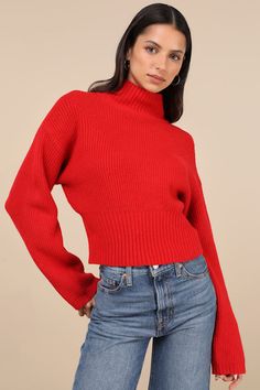 Snuggly Days Red Cropped Mock Neck Sweater Red Knit Tops With Ribbed Cuffs, Cozy Fitted Red Tops, Cozy Red Fitted Tops, Trendy Soft Knit Tops With Funnel Neck, Cozy Fit Red Tops For Winter, Trendy Soft Knit Funnel Neck Top, Snug Winter Top With Ribbed Cuffs, Snug Winter Tops With Ribbed Cuffs, Cozy Soft Knit Funnel Neck Top