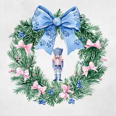 a christmas wreath with a blue bow and nutcracker in the center surrounded by pink flowers