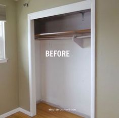 an empty closet with white walls and wood flooring, before and after the paint job