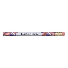 a pencil with the words name here written on it and an american flag design in gold