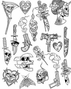 a bunch of tattoos drawn in black and white