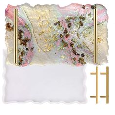 an abstract painting with gold, pink and white colors is featured against a white background