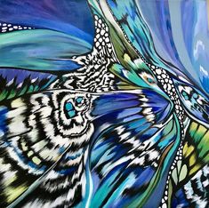 an abstract painting with blue, green and white colors on the wing of a butterfly