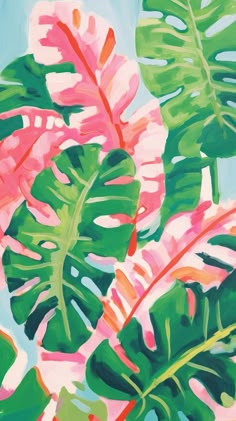 a painting of pink and green leaves against a blue sky