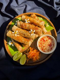 an overhead view of some food on a plate with garnishes and condiments