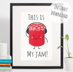 this is my jam print with headphones and books on the shelf next to it