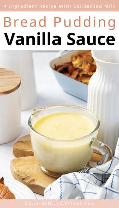 bread pudding in a glass bowl on a cutting board next to other foods and utensils