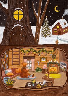 a painting of a cabin in the snow with a dog and cat on the floor