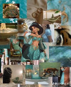 the collage shows many different things in blue and gold