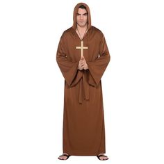 a man dressed in a monk costume with a cross on his chest and hands clasped