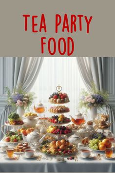 a table topped with lots of food next to a white window covered in drapes