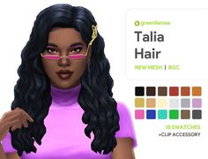 a woman with long black hair wearing glasses and a pink shirt is shown in front of an ad for greenlams talia hair