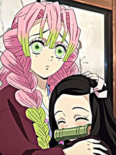 two anime characters one with pink hair and the other with green eyes holding a bamboo stick