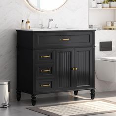 PRICES MAY VARY. Dimensions: 36.00"W*18.50"D*34.40"H; Fit for 8" widespread faucet (not included). Material: Solid rubber wood & MDF board & ceramic & painted finish Storage Space: Cabinet with two doors & two drawers with slide rails Special Design: The whole vintage style brings a new looking to your bathroom. Metal handles, knobs and slide rails improve your using ecperience during daily life. This multi-functional bathroom vanity will meet your storage requirements. It is perfect for any roo Art Deco Vanity Bathroom, Bathroom Vanity 36”, 36” Bathroom Vanity, Dark Vanity Bathroom Ideas, Black Vanity Bathroom Ideas, Black Bathroom Vanity Ideas, Colonial Style Bathroom, Dark Vanity Bathroom, Small Bathroom Vanity Ideas