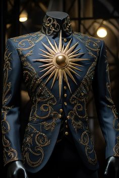 an elaborately designed suit is displayed on display