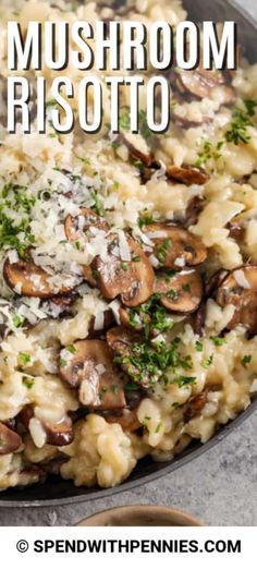 mushroom risotto in a skillet with parmesan cheese and parsley