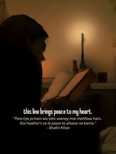 a person sitting on a bed with an open book in front of them and the words, this line brings peace to my heart