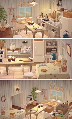 three different views of a dollhouse kitchen and dining room in two separate rooms, each with furniture