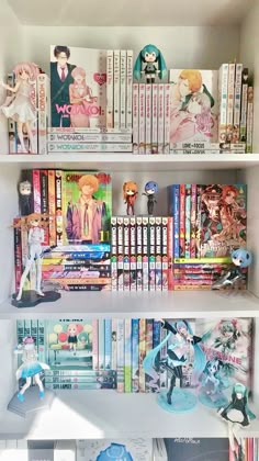 a book shelf filled with anime books and figurines