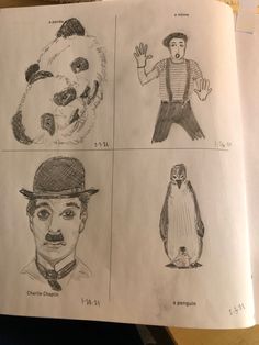 an open book with drawings of people and animals in different poses, including a man wearing a top hat