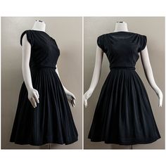 "This is a fun late 50s early 60s little black dress. The dress is made of a black rayon chiffon and is lined in black rayon acetate. The chiffon drapes over the neck in a sabrina neckline with ruching at the shoulders and into the cap sleeves. The bodice fits a bit blousey and is fitted at the waist seam. There would have been a matching belt but it has gone missing over time. The skirt is a full circle skirt with knife pleats at the waist line. The skirt falls past the knees. The dress zips up 1950s Style Black Knee-length Dress, Retro Black Cocktail Dress, 1950s Style Black Cocktail Dress, Black 1950s Style Cocktail Dress, Fitted Black Vintage 1950s Style Dress, 1950s Style Fitted Black Vintage Dress, Black Fitted Vintage Dress In 1950s Style, Retro Black Vintage Dress For Evening, Black Knee-length Vintage Dress For Evening