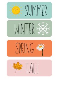 the words fall, winter, and spring written in three different colors with snowflakes