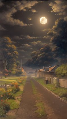 a painting of a country road at night with the moon in the sky above it