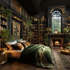 a bedroom with a fireplace and bookshelf in the corner, surrounded by greenery