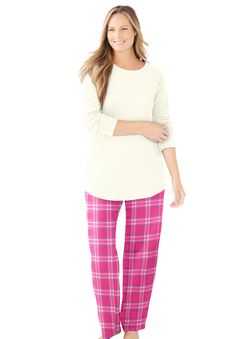 Sleep tight in this cozy pajama set that will give you sweet dreams. A textured thermal top in a relaxed fit pairs with printed pajama pants that are made with an elastic waistband for comfort. You'll feel super snuggly in this cute coordinated set that's also perfect for lounging. Top: 28" length; pant" 28" inseamTop: cotton/poly; pant: pure cotton, importedMachine washable | Plus Size Women's Thermal PJ Set by Only Necessities in Raspberry Sorbet Plaid (Size 26/28) Printed Pajama, Plus Size Pajamas, Raspberry Sorbet, Thermal Sweater, Womens Thermal, Cozy Pajamas, Big Shirt, Soft Pajamas, Sleep Tight