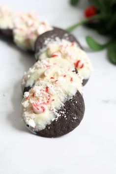 two cookies with white and red candy canes on them sitting next to some flowers