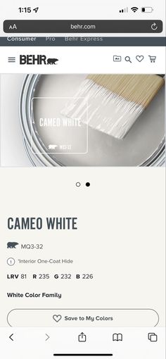 the homepage for behrr's white paint products is displayed on an iphone