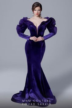 Fouad Sarkis Couture, Velvet Mermaid Dress, Fouad Sarkis, Off Shoulder Evening Gown, Ruffled Gown, Mnm Couture, Soft Dramatic, Plastic Dress, Long Sleeve Evening Gowns